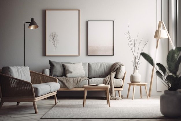 Un salón con sofá y una planta en la pared.