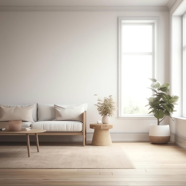 Un salón con un sofá y una planta en la pared.