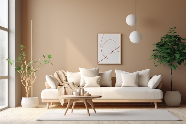 Un salón con sofá y una planta en la pared.