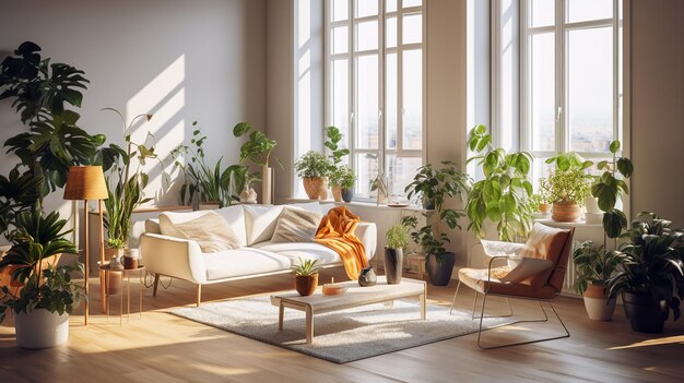 Un salón con un sofá y una planta en el suelo.