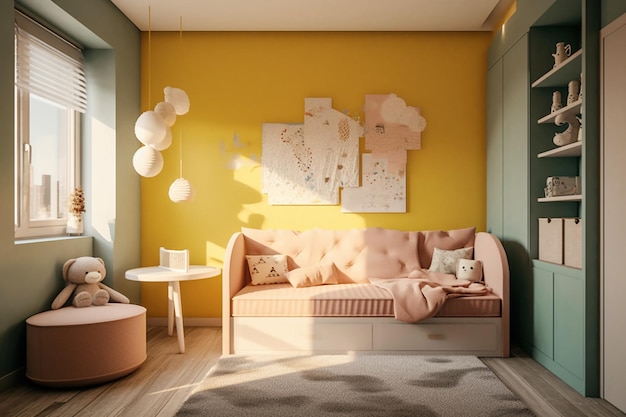 Un salón con un sofá rosa y una pared amarilla que dice 'un sofá rosa'