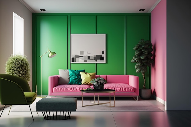 Un salón con un sofá rosa y una pared verde con el dibujo de una planta.