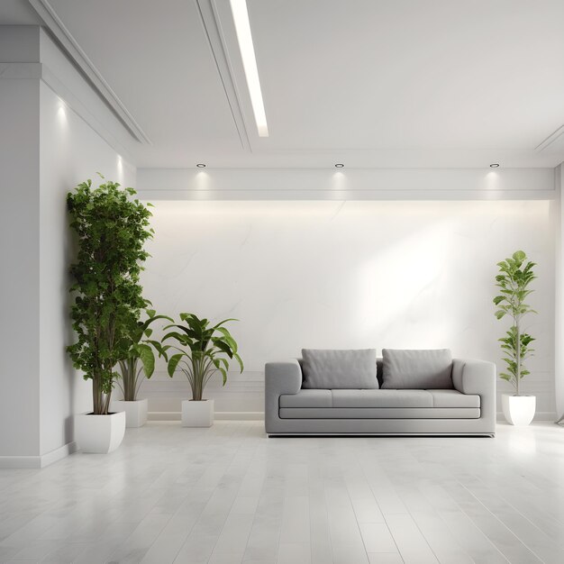 Un salón con sofá y tres plantas en la pared.