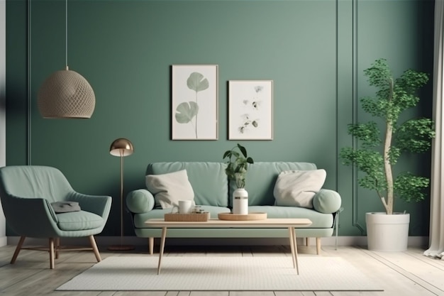 Un salón con un sofá verde y una planta en la pared.