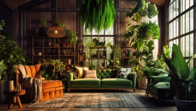 Un salón con un sofá verde y un sofá verde con una gran cantidad de plantas colgando del techo.