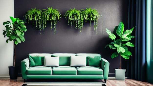 Un salón con un sofá verde y un sofá verde con una planta en la pared.