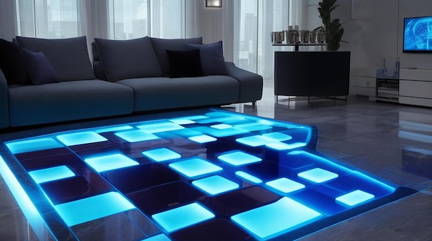 Un salón con suelo LED programable