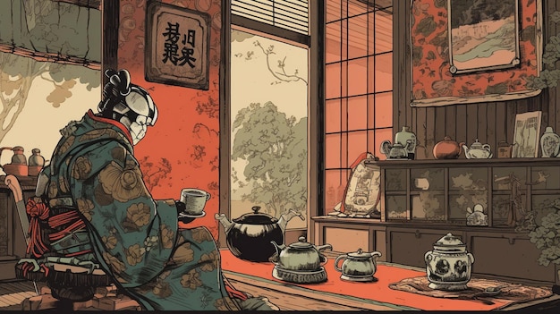 Un salón de té japonés con una mujer con una máscara y una tetera.