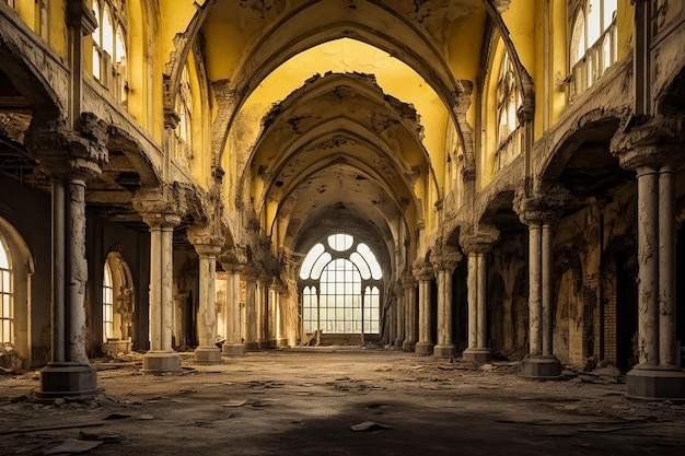 Salón de teatro abandonado Luz del sol desde el techo de un templo abandonado bajo la cúpula