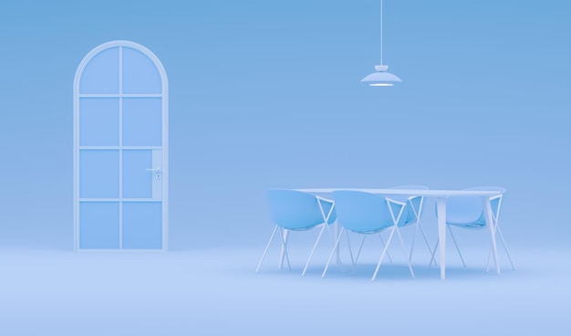 Salón de tendencia en color azul pastel con mesa de comedor y puerta con arco de lámpara