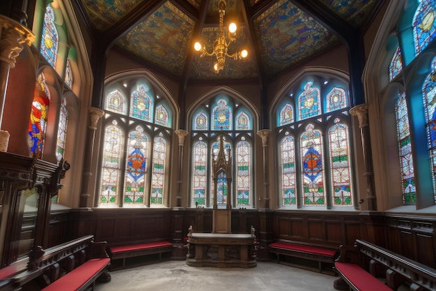 Salón del trono visualmente impresionante con ventanas altas y vidrieras con vista a los terrenos del castillo