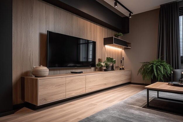 Un salón con tv y una mesa de madera con una planta encima.