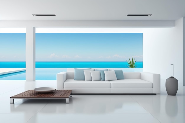 Un salón con vistas al mar azul y un sofá blanco.