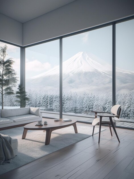 Un salón con vistas a la montaña