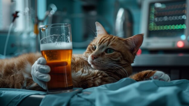 Los salones de gatos junto a la cerveza en la cama