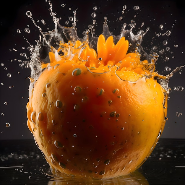 Foto salpicadura de agua con manzana y naranja aislado sobre fondo negro fruta fresca