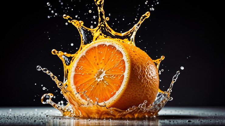 una salpicadura de agua con una naranja siendo salpicada