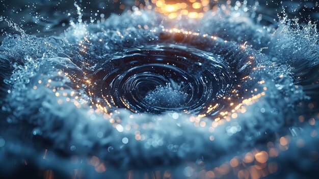 La salpicadura de agua se representa como una espiral de color azul en 3D