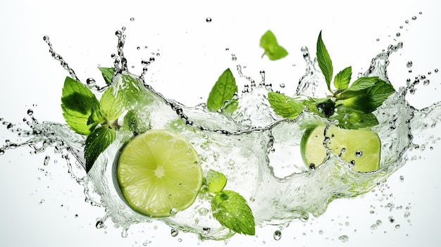 Foto salpicadura de agua sobre fondo blanco con rodajas de limón y hojas de menta ia generativa