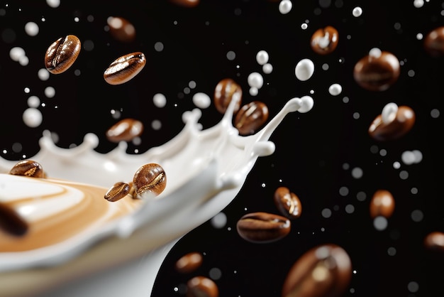 Salpicadura de café de leche con grano de café cayendo en 3D sobre un fondo transparente