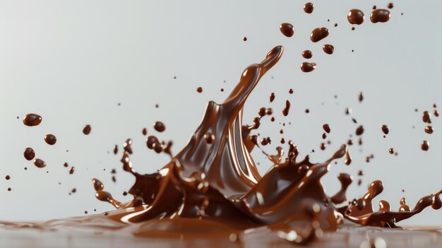 Una salpicadura de chocolate se muestra en un fondo blanco concepto de emoción e indulgencia ya que el chocolate se representa como una fuerza vibrante y dinámica el contraste entre los ricos