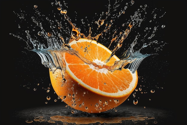 Salpicadura dinámica de agua con rodajas de naranja Creado con tecnología de IA generativa