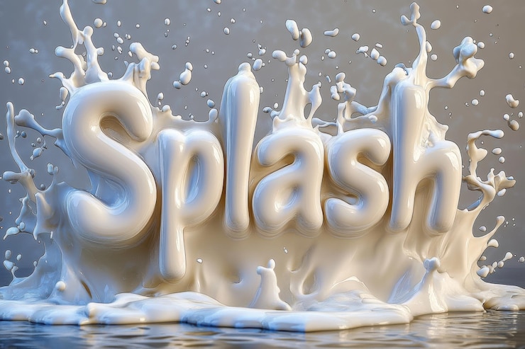 Foto salpicadura dinámica de leche formando la palabra salpicadura en el aire con gotas y ondas