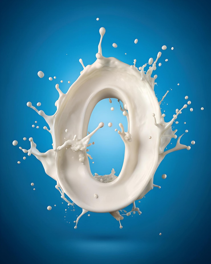 Foto una salpicadura de leche que tiene la letra o en ella