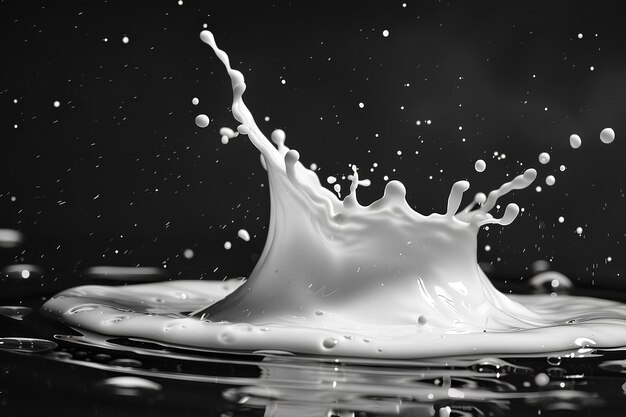 Una salpicadura de leche se ve en esta foto en blanco y negro de gotas de agua sobre un fondo negro