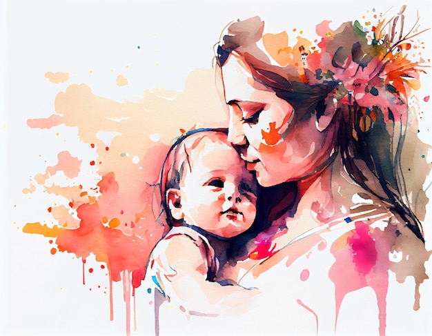 Salpicadura de pintura de acuarela madre e hijo abrazándose mutuamente color beige rosa pastel suave