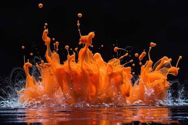 Una salpicadura de pintura naranja en el agua crea una escena vibrante y dinámica