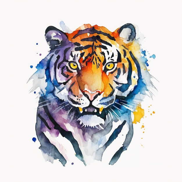 Salpicaduras de acuarela de tigre aislado con arte de ilustración de pintura de tinta generar ai