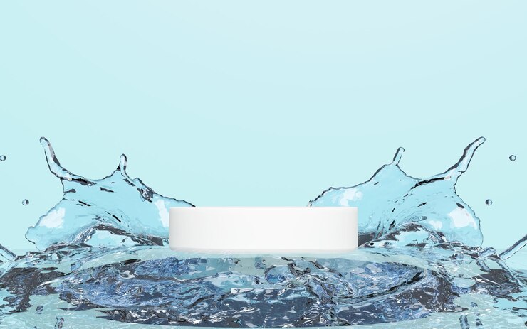salpicaduras de agua 3d abstracto transparente con escenario blanco podio vacío exhibición cosmética geométrica pedestal aislado en fondo azul modelo de escena moderna minimalista ilustración de renderización 3d