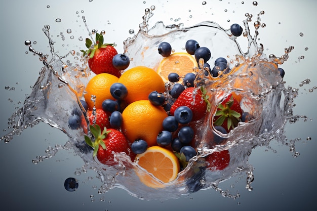 salpicaduras de agua con arándanos de fresa naranja