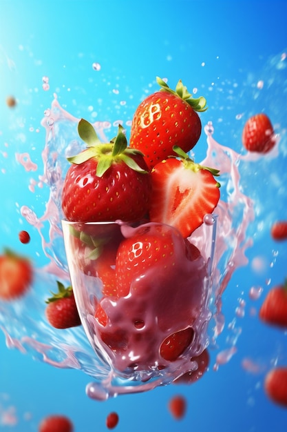 Salpicaduras de agua frescura fondo azul fruta fresa rojo comida fresca saludable IA generativa