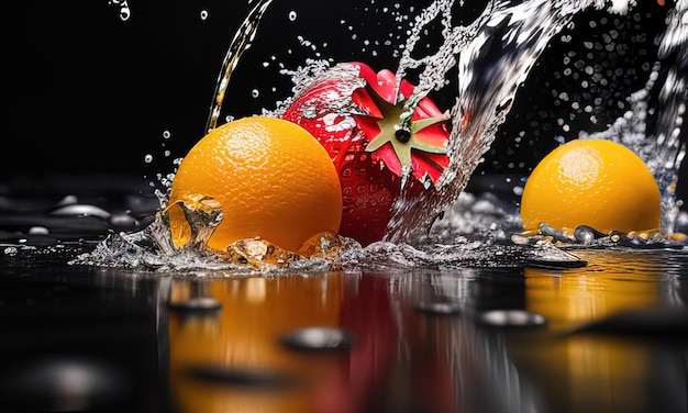 Salpicaduras de agua con frutas y naranjas sobre un fondo negro