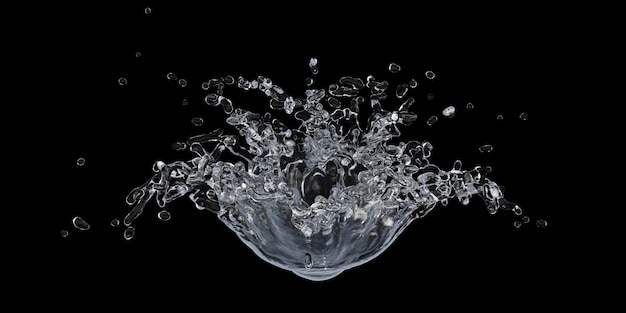 Salpicaduras de agua con gotas sobre fondo negro ilustración 3d