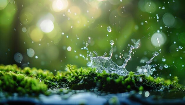 Salpicaduras de agua de hierba verde fresca con gotas