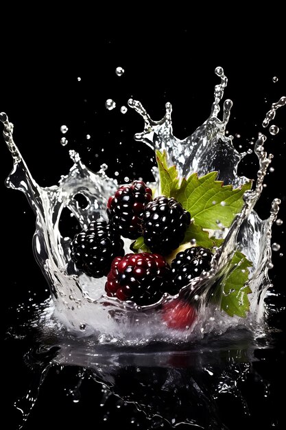 Foto las salpicaduras de agua en las moras frescas de moras