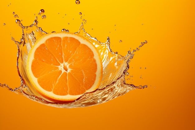 Las salpicaduras de agua en las rebanadas de naranja sobre un fondo naranja