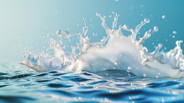 Salpicaduras de agua sobre fondo azul en primer plano Concepto de agua fresca y limpia