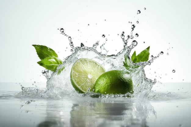 Salpicaduras de agua sobre fondo de color con rodajas de lima, hojas de menta y cubitos de hielo generados por IA