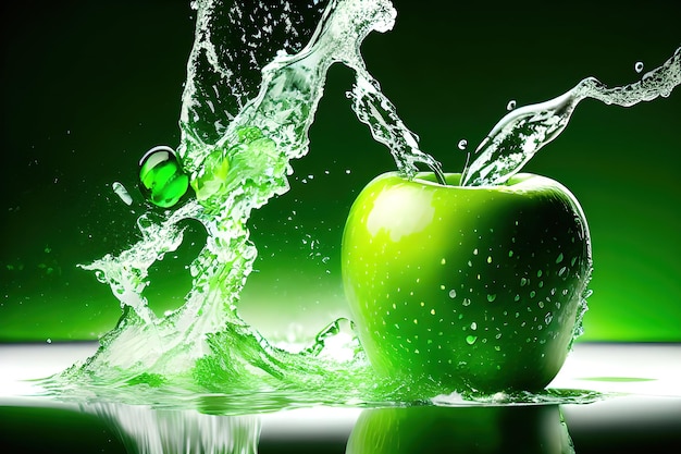 Salpicaduras de agua sobre fondo de manzana verde fresca