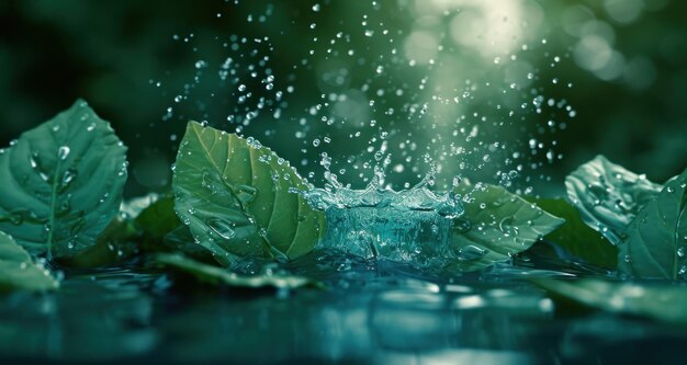 Salpicaduras de agua sobre hojas verdes vibrantes, niños y fotos de agua.