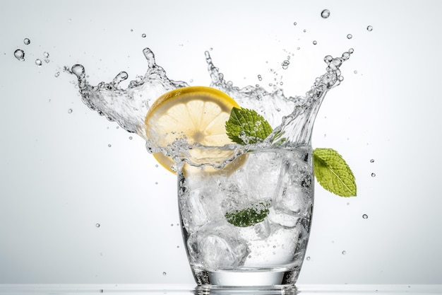 Salpicaduras de agua de vidrio con limón y menta aislado sobre fondo blanco IA generativa