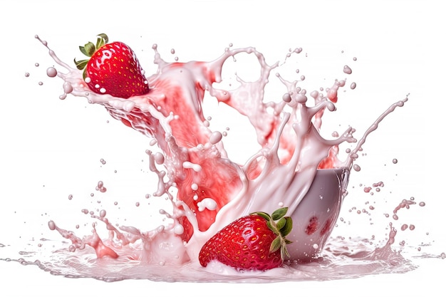 Salpicaduras de batido de leche de fresas y bayas aisladas sobre yogur de fondo blanco IA generativa