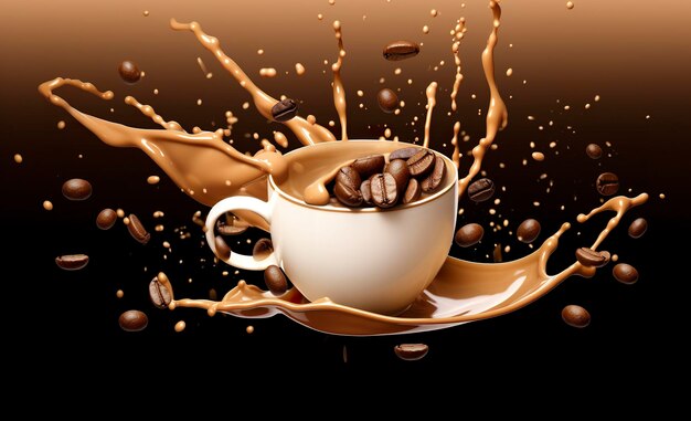 Salpicaduras de café líquido caliente con grano de café cayendo ilustración 3d