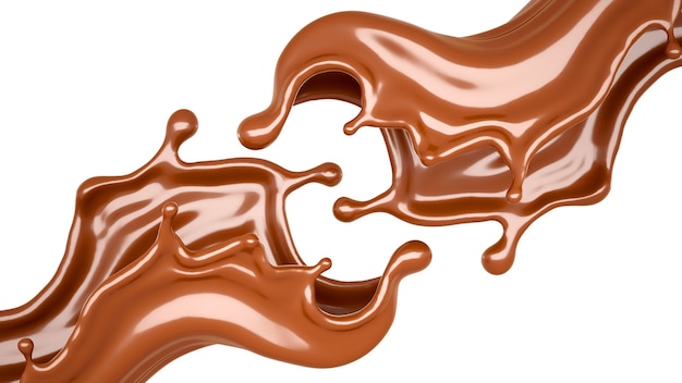 Salpicaduras de chocolate aisladas sobre un fondo blanco. Ilustración 3d, renderizado 3d.