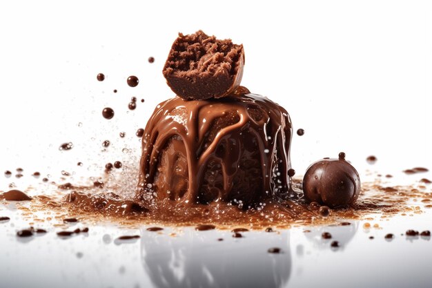 Salpicaduras de chocolate con bola de chocolate aislada sobre fondo blanco renderizado 3d