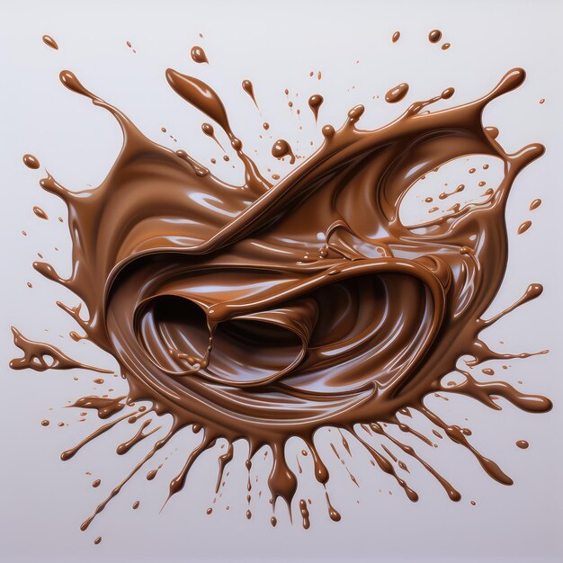 Salpicaduras de chocolate en forma de espiral sobre un fondo blanco.